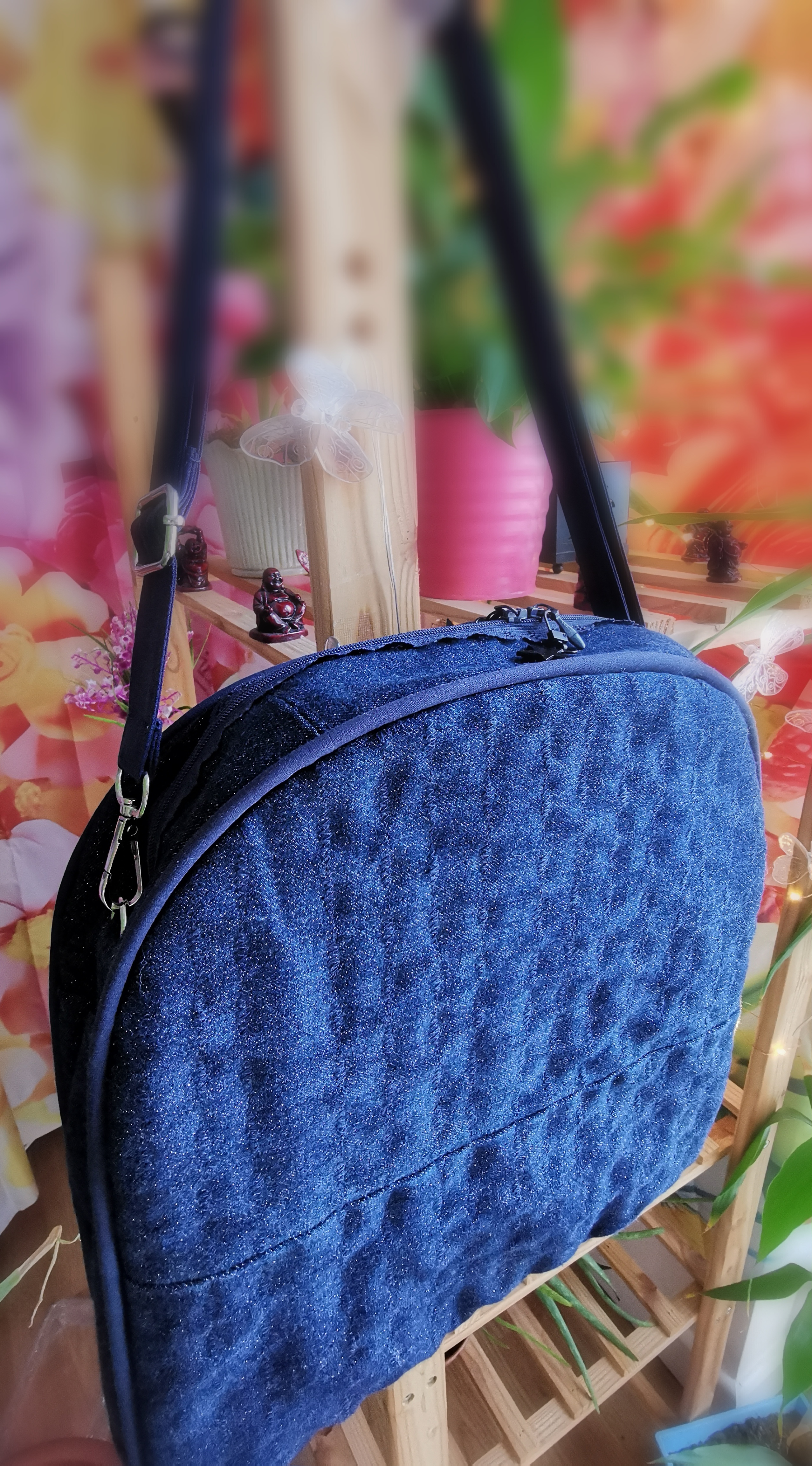Glitter denim crossbody round bag