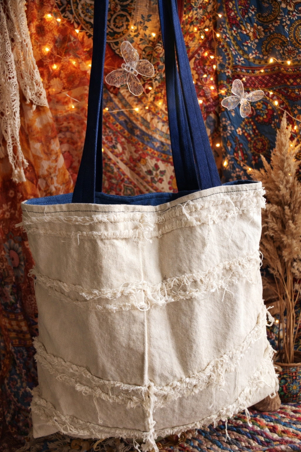Denim open top tote bag