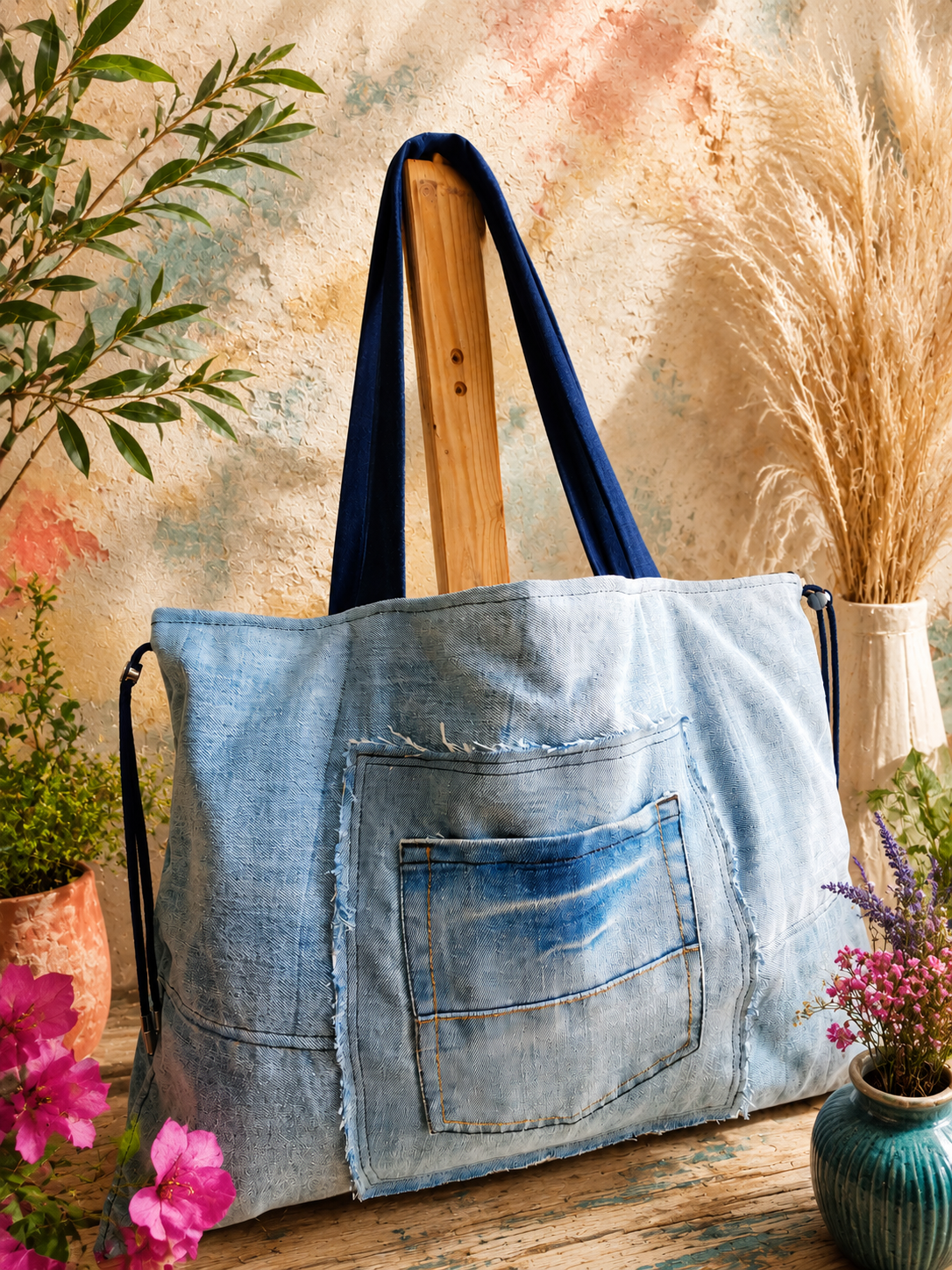 Light blue denim tote bag